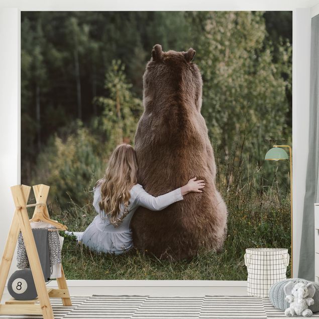Fotobehang Girl With Brown Bear