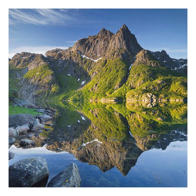 Glasschilderijen Mountain Landscape With Water Reflection In Norway
