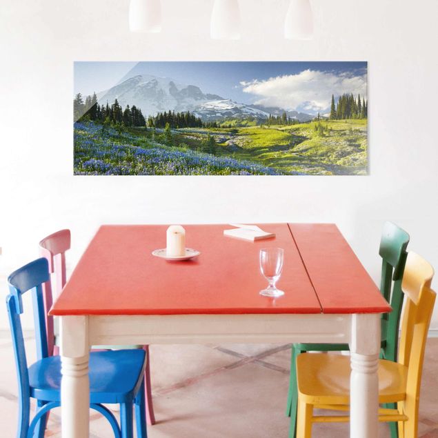 Glasschilderijen - Mountain Meadow With Blue Flowers in Front of Mt. Rainier