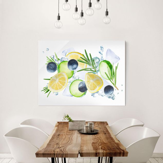 Glasschilderijen Blueberries Lemon Ice Spash
