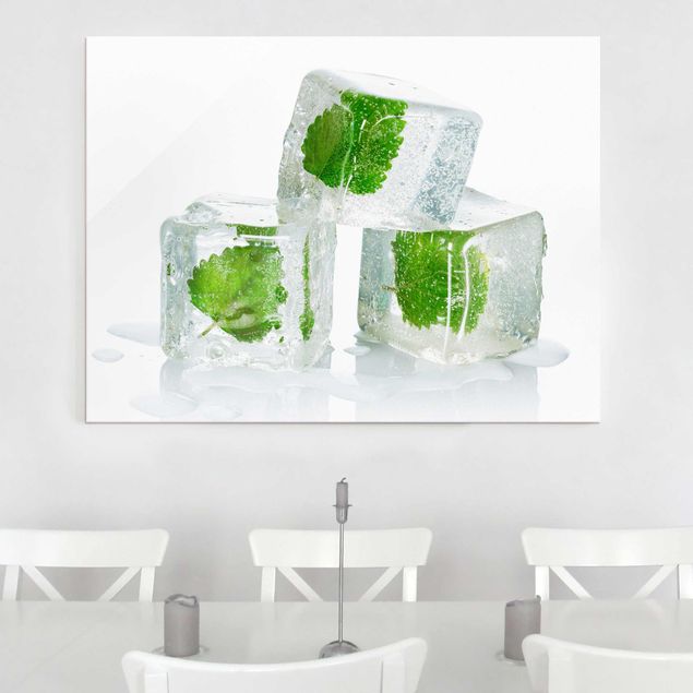 Glasschilderijen Three Ice Cubes With Lemon Balm
