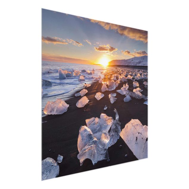 Glasschilderijen Chunks Of Ice On The Beach Iceland