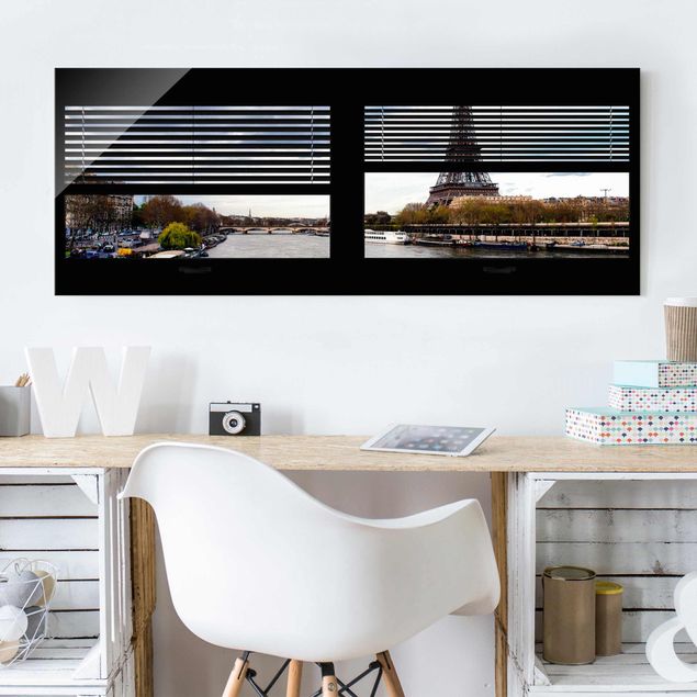 Glas Magnetboard Window View Blinds - Seine And Eiffel Tower