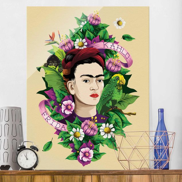 Glas Magnetboard Frida Kahlo - Frida, Äffchen und Papagei