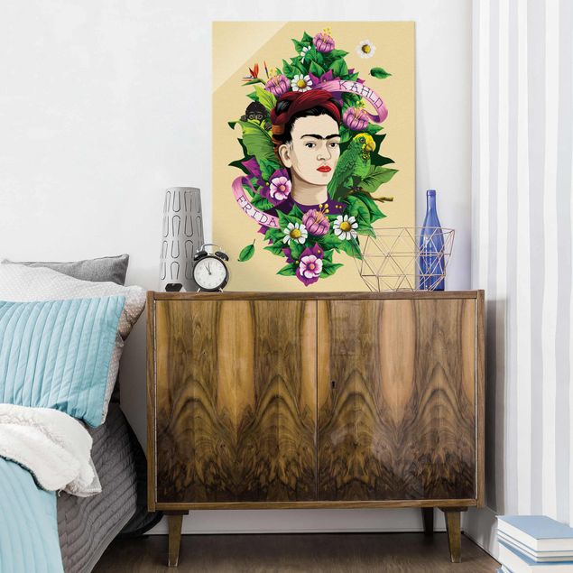 Glasschilderijen Frida Kahlo - Frida, Äffchen und Papagei