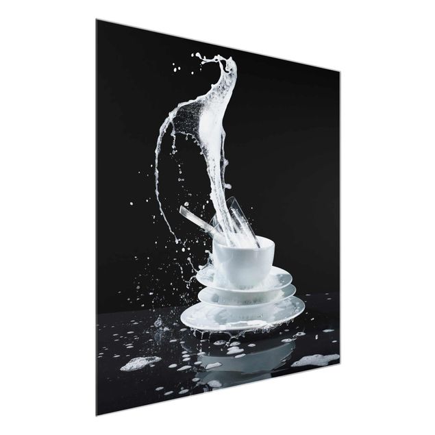 Glasschilderijen Dishes With Detergent Splash