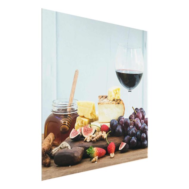 Glasschilderijen Cheese And Wine