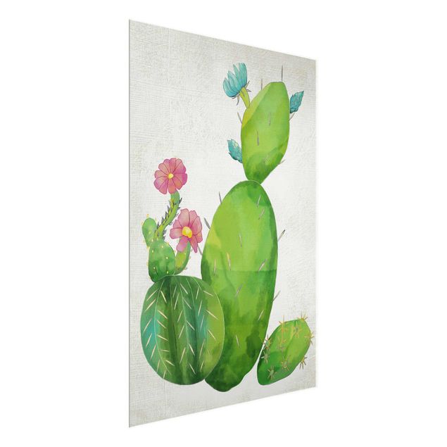 Glasschilderijen Cactus Family In Pink And Turquoise