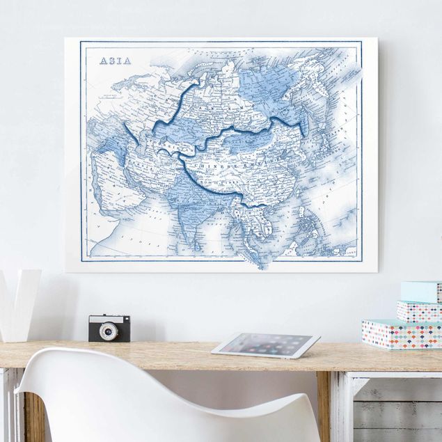 Glas Magnetboard Map In Blue Tones - Asia