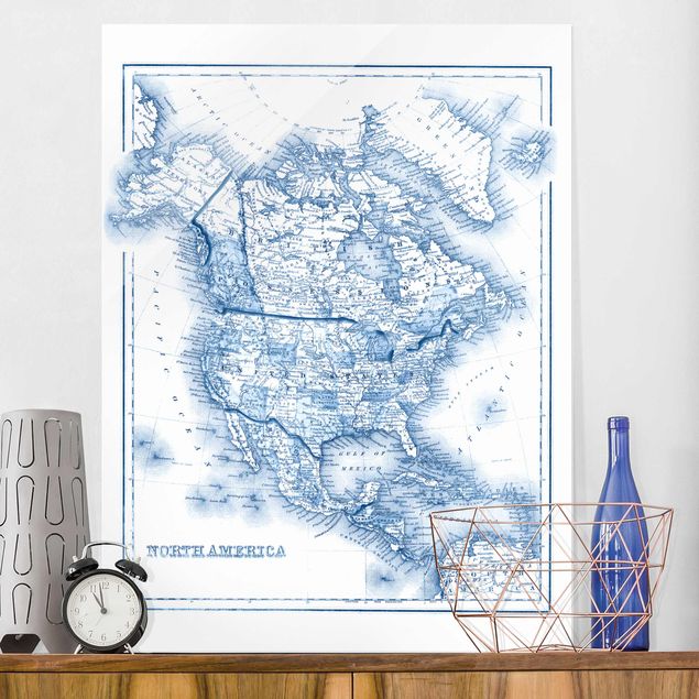 Glas Magnettafel Map In Blue Tones - North America