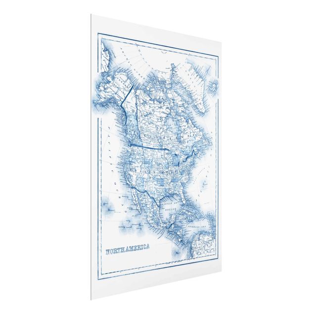 Glasschilderijen Map In Blue Tones - North America