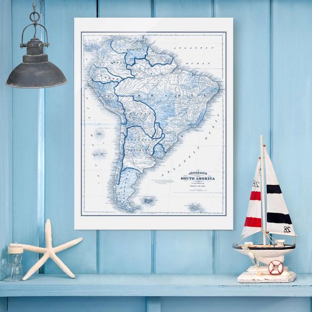 Glasschilderijen Map In Blue Tones - South America