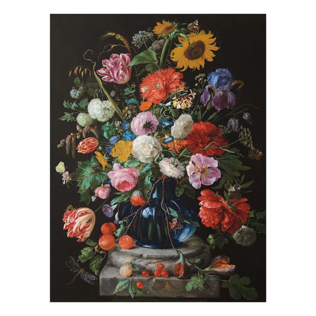 Glasschilderijen Jan Davidsz de Heem - Tulips, a Sunflower, an Iris and other Flowers in a Glass Vase on the Marble Base of a Column