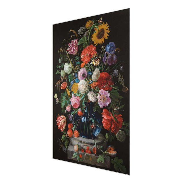 Glasschilderijen Jan Davidsz de Heem - Tulips, a Sunflower, an Iris and other Flowers in a Glass Vase on the Marble Base of a Column
