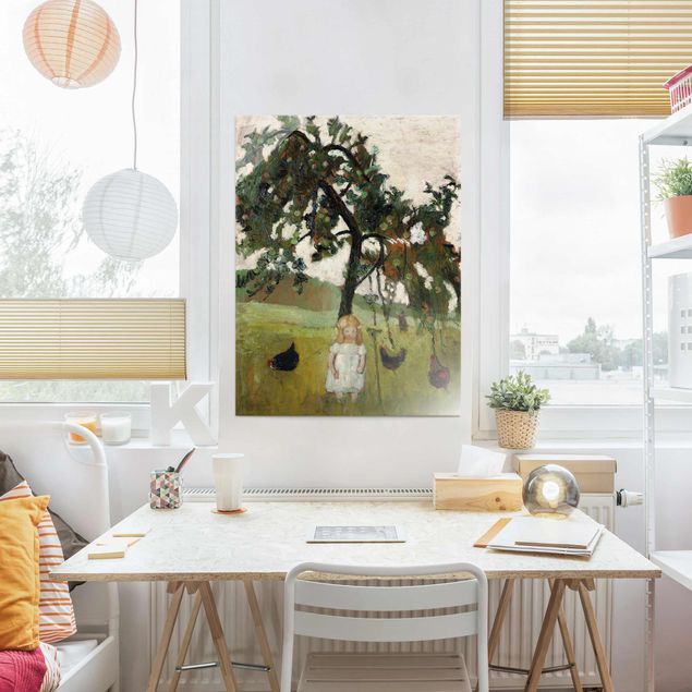 Glasschilderijen Paula Modersohn-Becker - Elsbeth with Chickens under Apple Tree