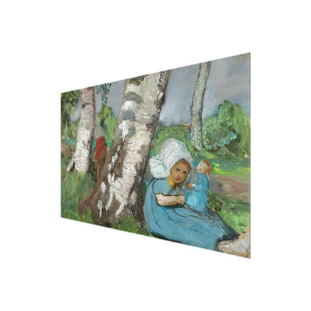 Glasschilderijen Paula Modersohn-Becker - Child with Doll Sitting on a Birch Trunk