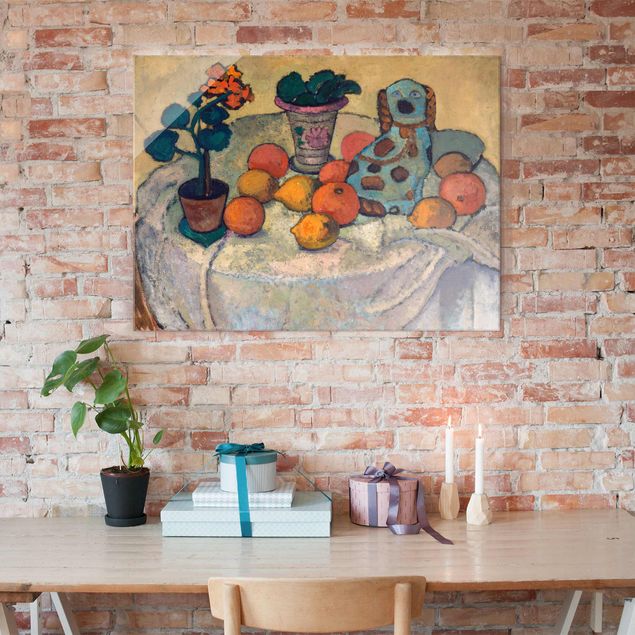 Glasschilderijen Paula Modersohn-Becker - Still Life With Oranges And Stoneware Dog
