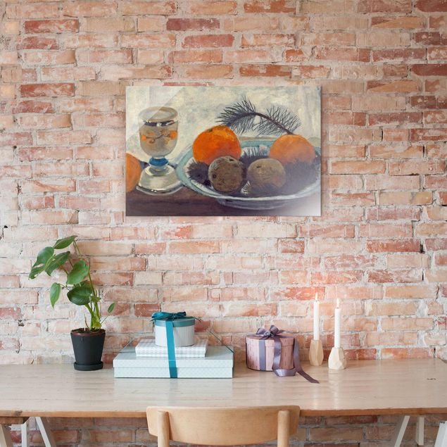 Glasschilderijen Paula Modersohn-Becker - Still Life with frosted Glass Mug, Apples and Pine Branch