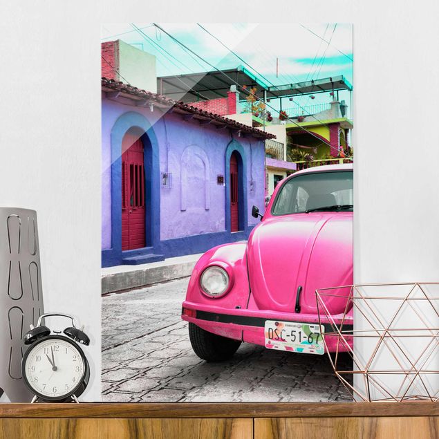 Glasschilderijen Pink VW Beetle