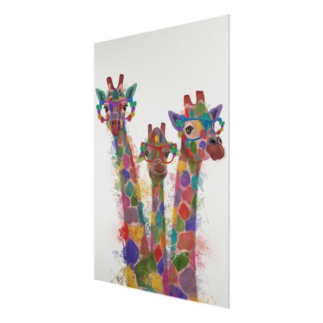 Glasschilderijen Rainbow Splash Giraffe Trio