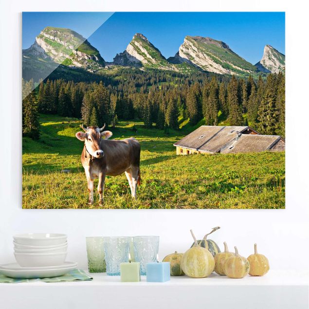 Glas Magnettafel Swiss Alpine Meadow With Cow