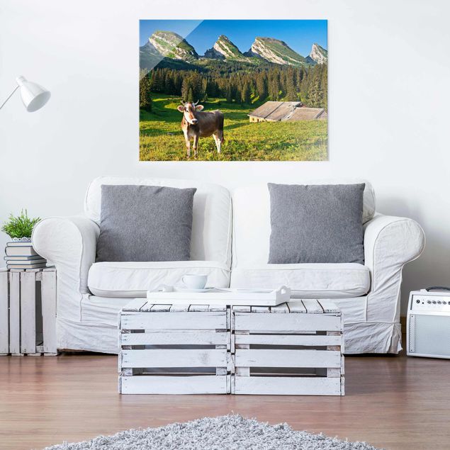 Glasschilderijen Swiss Alpine Meadow With Cow