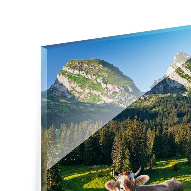 Glasschilderijen Swiss Alpine Meadow With Cow
