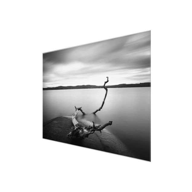 Glasschilderijen Sunset In Black And White By The Lake