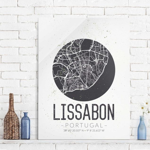 Magnettafel Glas Lisbon City Map - Retro
