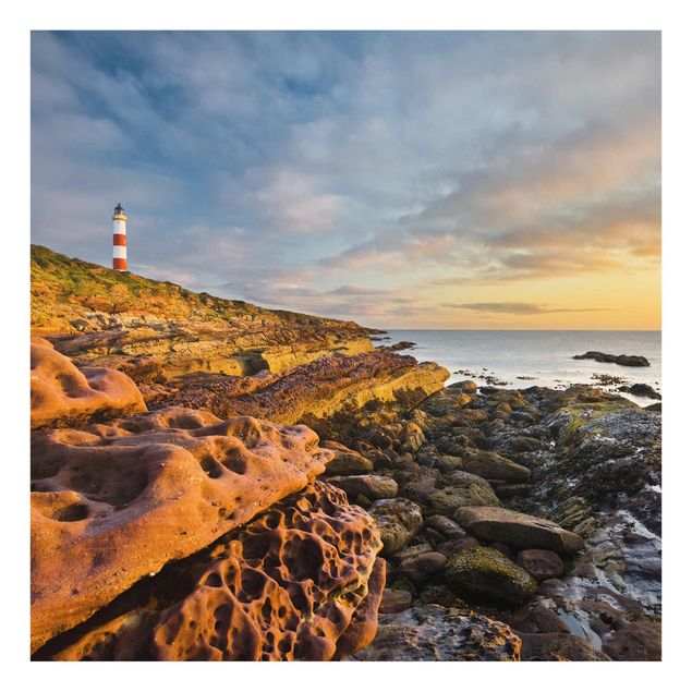 Glasschilderijen Tarbat Ness Lighthouse And Sunset At The Ocean