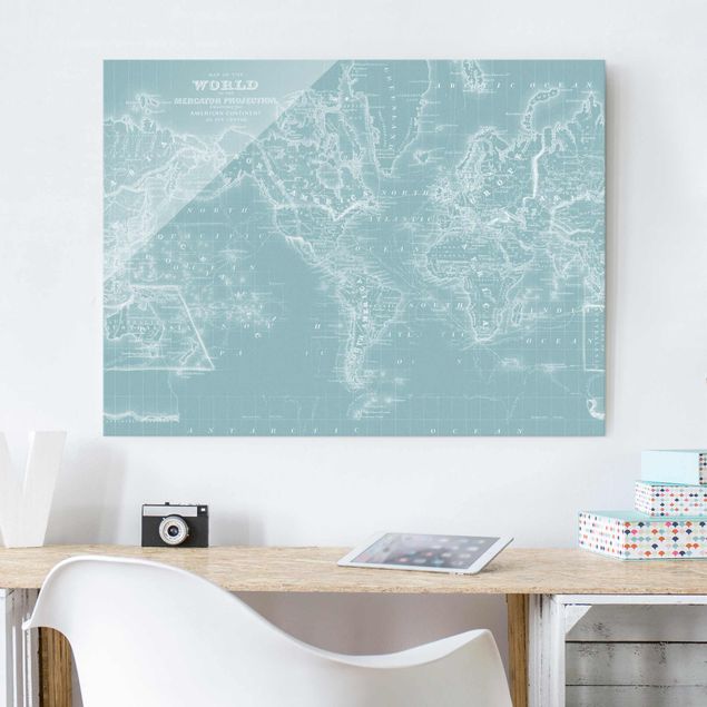 Magnettafel Glas World Map In Ice Blue