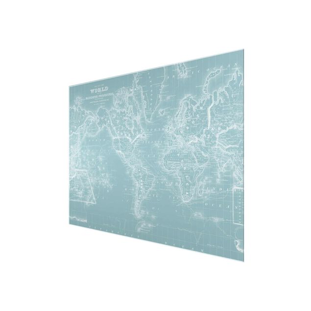 Glasschilderijen World Map In Ice Blue