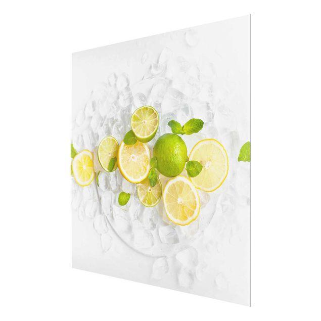 Glasschilderijen Citrus Fruit On Ice Cubes