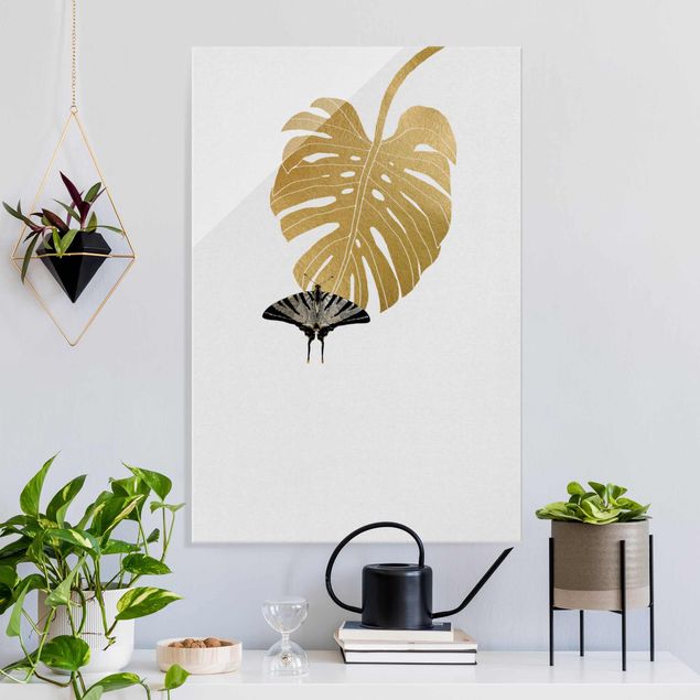 Glas Magnetboard Golden Monstera With Butterfly