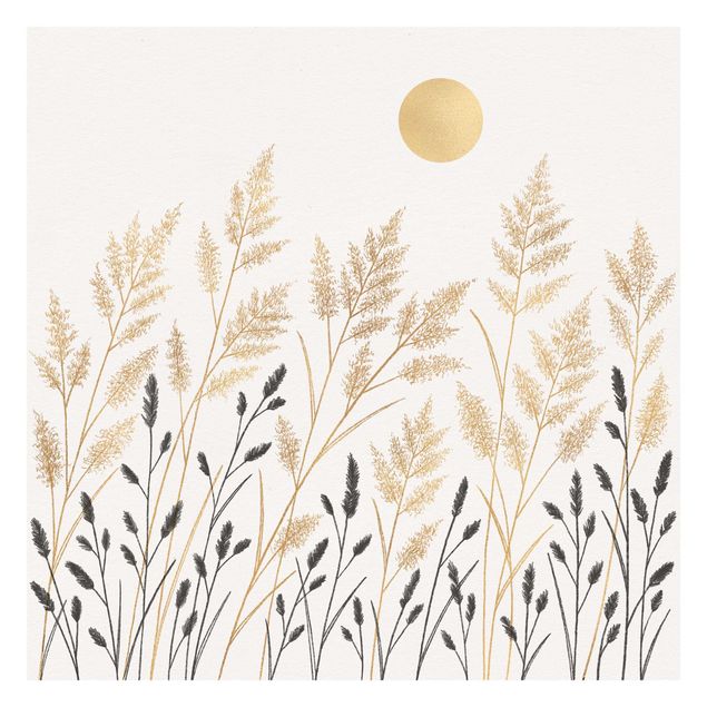 Fotobehang Grasses And Moon In Gold And Black
