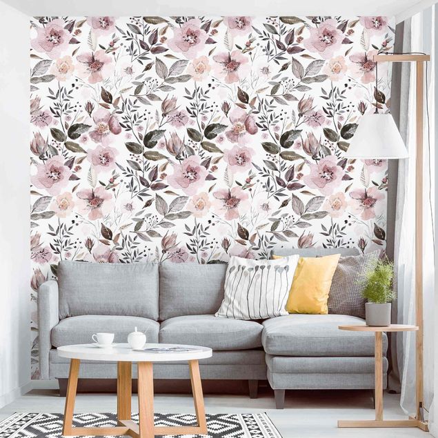 Patroonbehang Gray Leaves With Watercolour Flowers