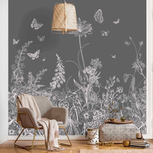 Fotobehang Large Flowers With Butterflies In Grey