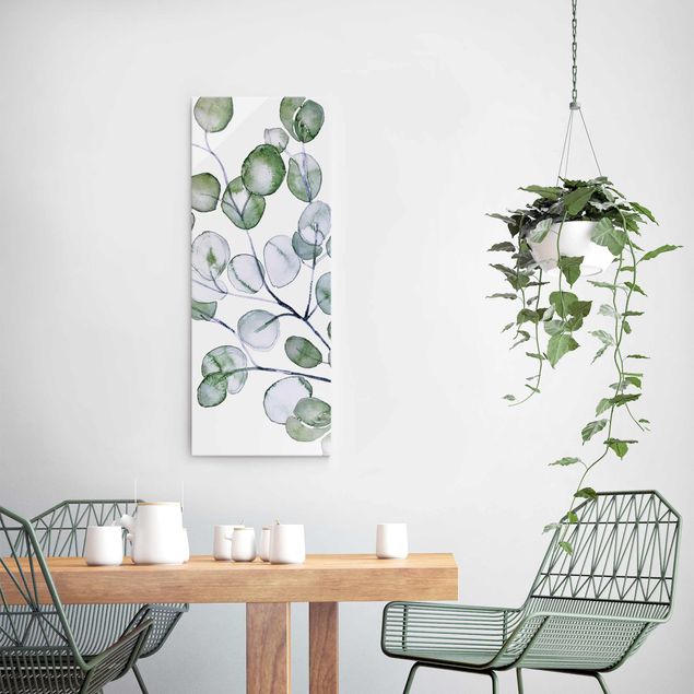 Glasschilderijen Green Watercolour Eucalyptus Branch
