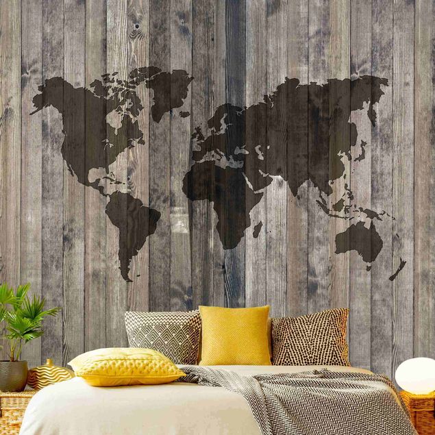 Fotobehang Wood World Map