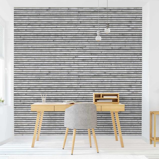 Fotobehang Wooden Wall With Narrow Strips Black And White