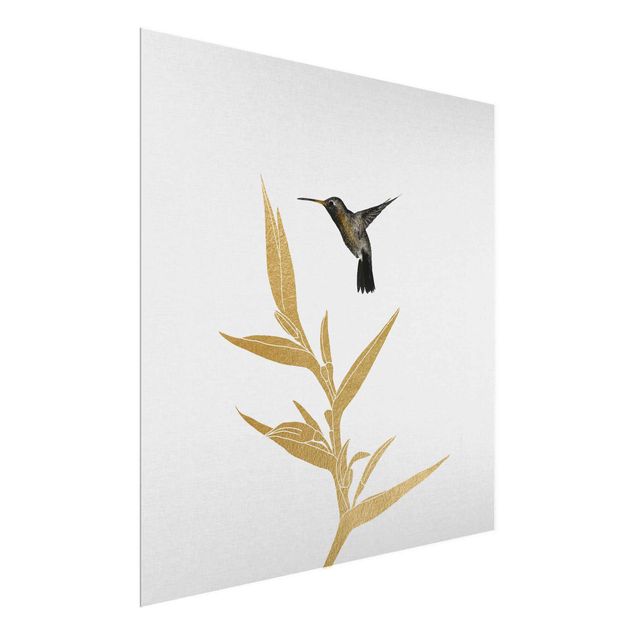 Glasschilderijen Hummingbird And Tropical Golden Blossom II