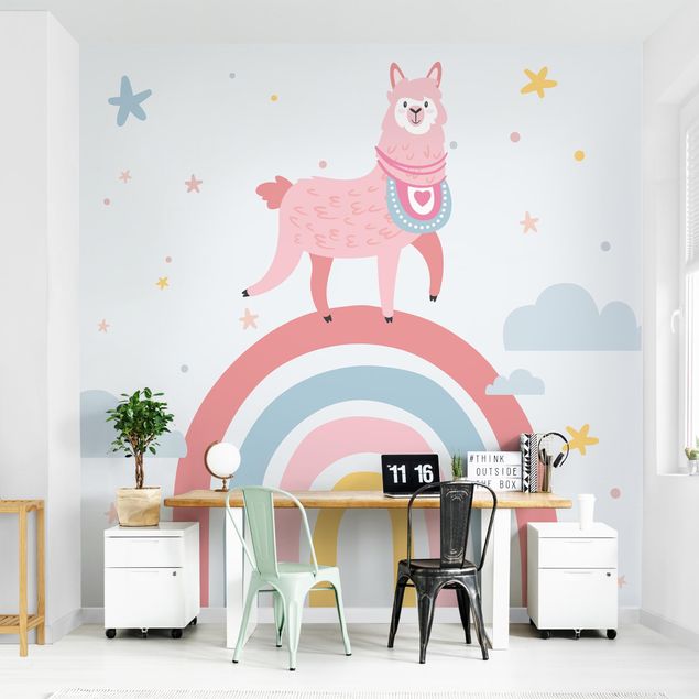 Fotobehang Lama On Rainbow With Stars And Dots