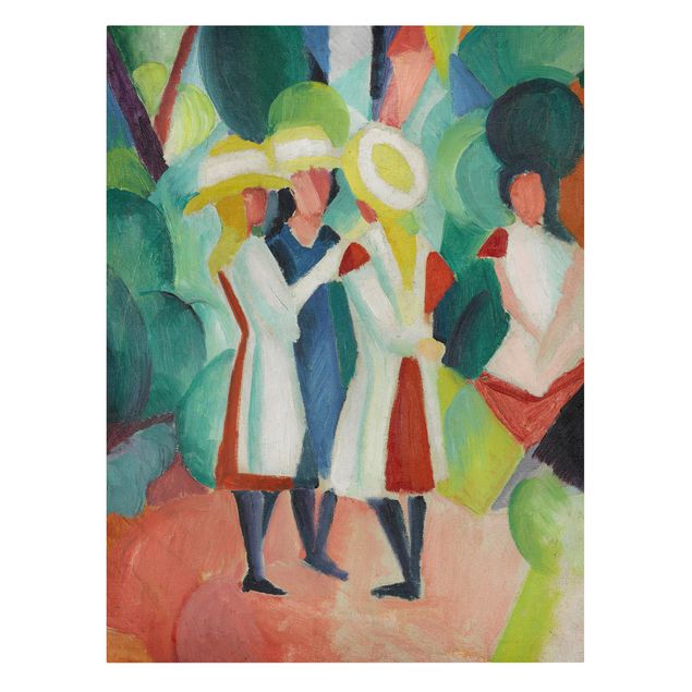 Canvas schilderijen August Macke - Three Girls in yellow Straw Hats