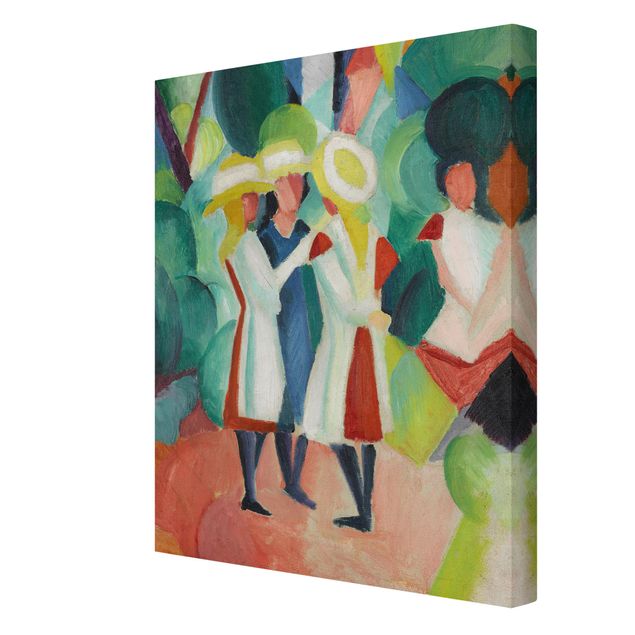 Canvas schilderijen August Macke - Three Girls in yellow Straw Hats