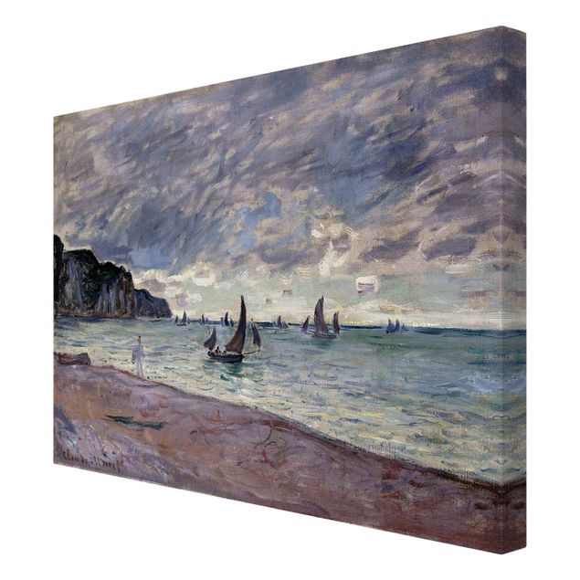 Canvas schilderijen Claude Monet - Fishing Boats In Front Of The Beach And Cliffs Of Pourville