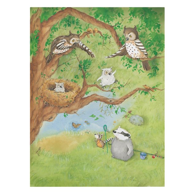 Canvas schilderijen Vasily Raccoon - Owl Chick Elsa Pulls Out