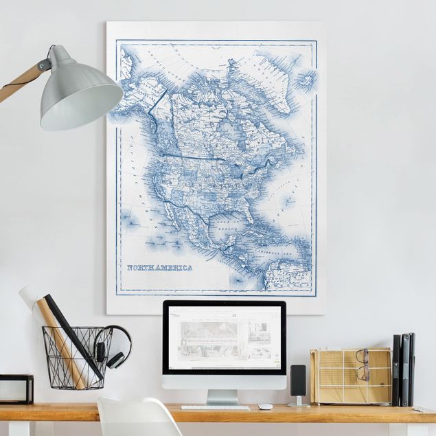 Canvas schilderijen Map In Blue Tones - North America