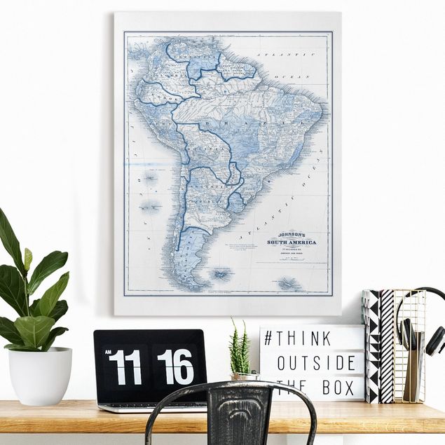 Canvas schilderijen Map In Blue Tones - South America