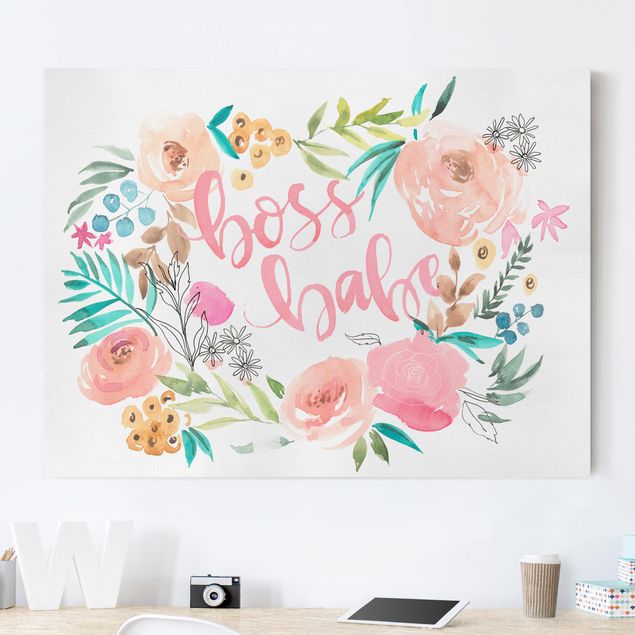 Canvas schilderijen Pink Flowers - Boss Babe