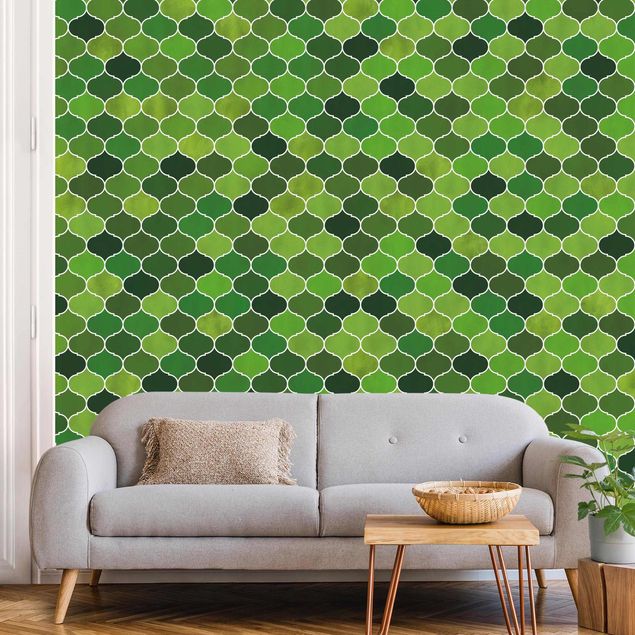 Fotobehang Moroccan Watercolour Pattern Green